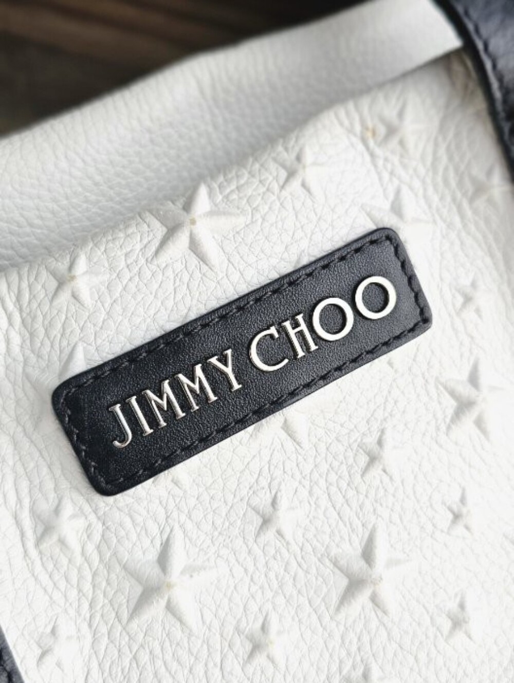 Jimmy Choo Sofia Leather White Star-Embossed Shoulder Tote with Black Handles - Picture 3 of 9